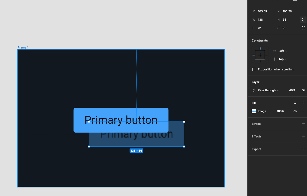 Screenshot of Figma with a button component and a screenshot of a button in code