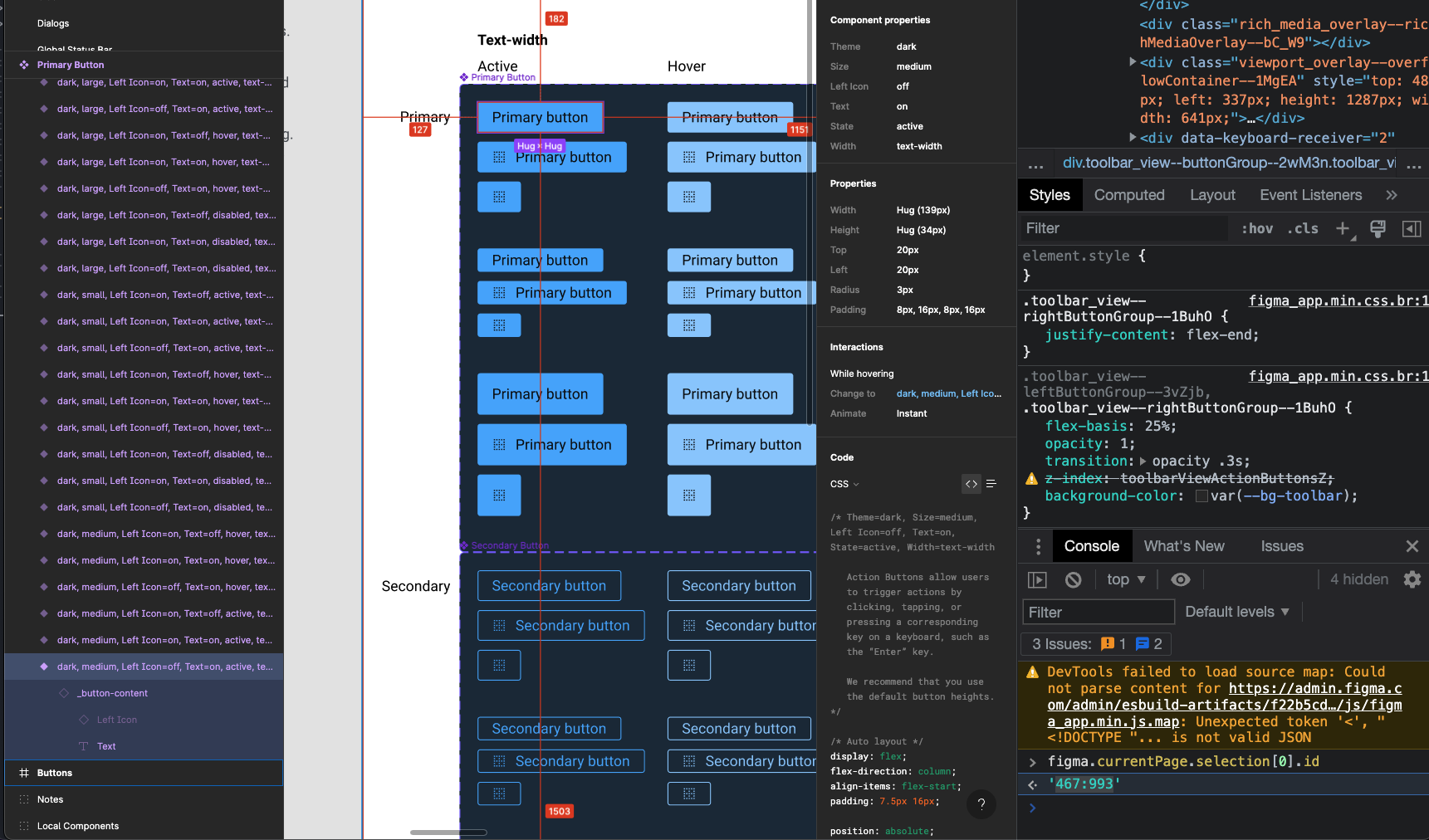 A screenshot of Figma with the console open returning a node id