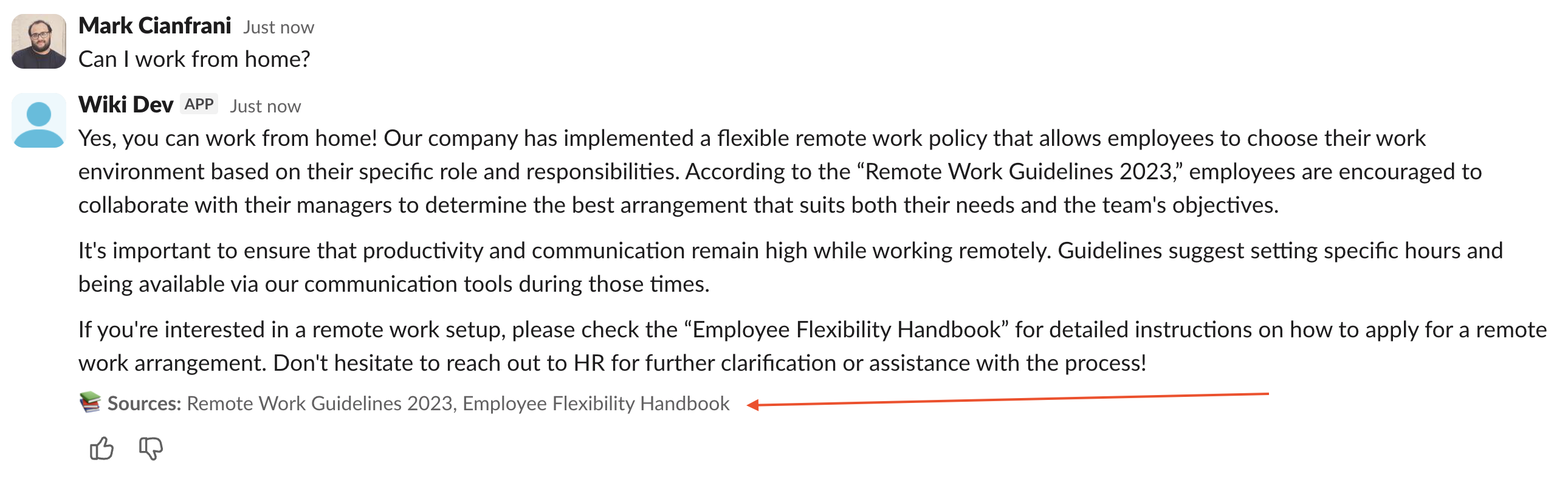 A slackbot answering a user query and displaying its sources